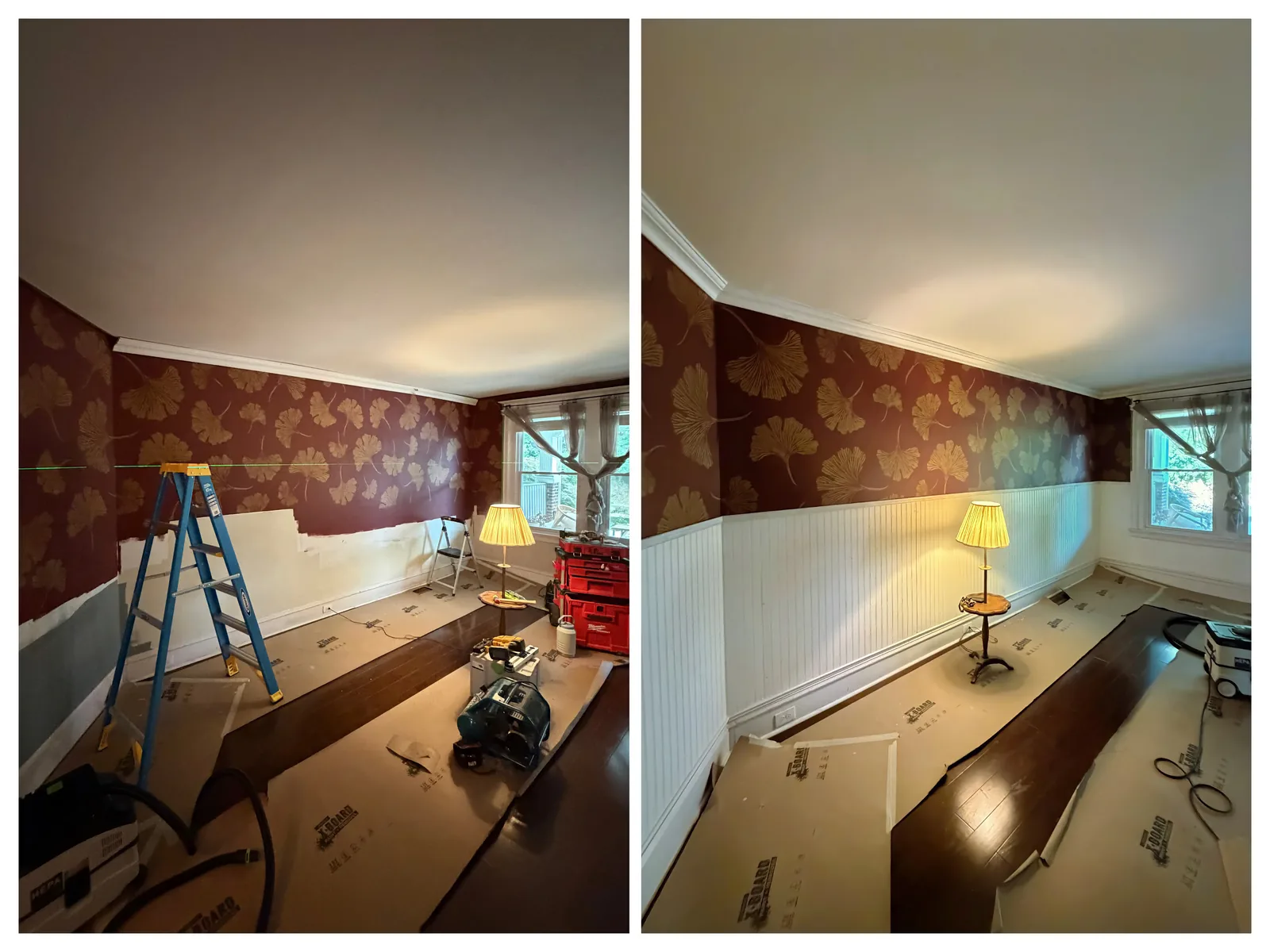 Beadboard wainscoting and crown molding install, before and after, by LM Legacy Remodeling