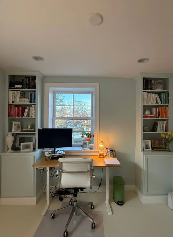 Custom home office built-in shelving with cabinet base in Wayne PA by LM Legacy Remodeling
